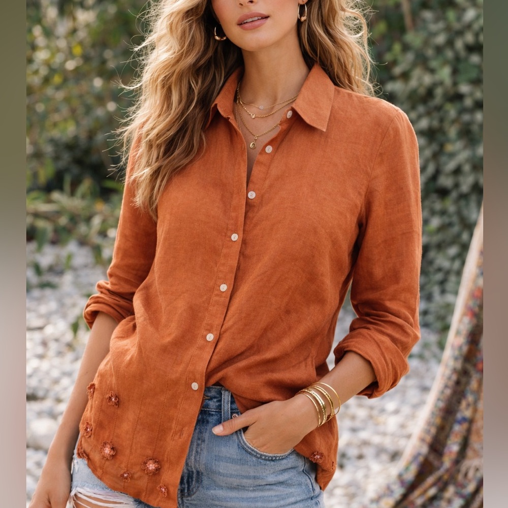 Elegant Irish Linen Rust Button-Down Shirt for Women with floral design